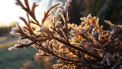 Delicate frost crystals adorn the tips of evergreen branches catching the warm glow of the setting sun in a serene winter landscape