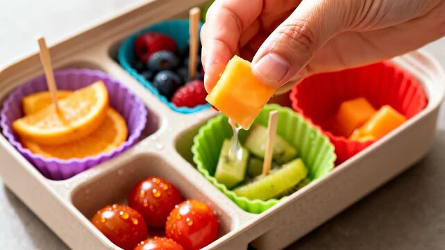 Hand places a piece of fresh cantaloupe into a colorful bento lunch box filled with berries, kiwi, cherry tomatoes, and orange slices