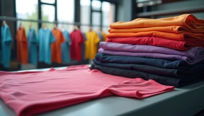 Stack of colorful t-shirts at print shop. Pink t-shirt on a table ready for printing. Clothing at workshop in textile industry. Production of apparel in factory.