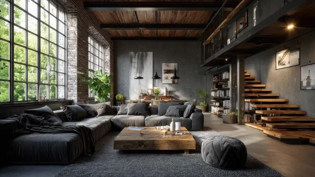 Cozy industrial living room with large windows and a wooden staircase in an urban setting