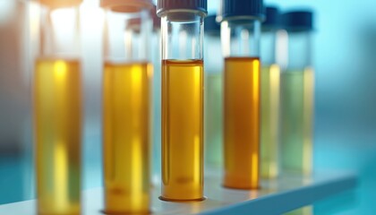 Lab tests several urine samples for analysis in the clinical lab. Urine color palette diagnostics in test tubes. Healthcare medical concept of urinalysis as science experiment and exam.
