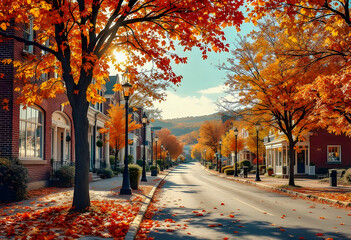 A quiet small town street lined with colorful autumn trees and classic buildings golden sunlight filters through branches while fallen leaves decorate the peaceful neighborhood and blue sky