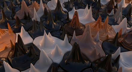 A glossy abstract landscape with sharp peaks in various colors and smooth textures creating depth ai generated