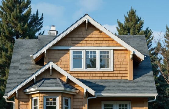Exterior of house roof with cedar shake siding. Features clean white trim and multiple windows with panes reflecting trees. Residential building exterior shows detailed architecture against blue sky.