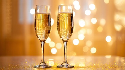 Two elegant champagne flutes filled with sparkling golden bubbly liquid stand ready to toast against a warm blurred background of festive golden bokeh lights