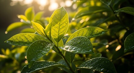 Sunlight filtering through lush green leaves on a branch.