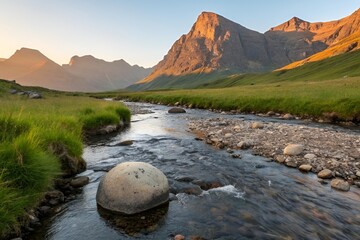 Sunrise Stream Over Pebbles &ndash; Serene Mountain Landscape Nature Photography
