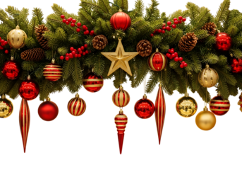 Christmas garland with ornaments isolated on transparent background
