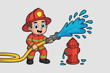 Cartoon Firefighter Holds Hose Near Hydrant Spraying Water with Blue Droplets Illustration on Light Gray Background Professional Vector Graphic