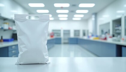 White blank pouch mockup stands on table in modern medical laboratory. Sterile doypack bag for product packaging design. Clean scientific research center blurred in background. Clinical environment