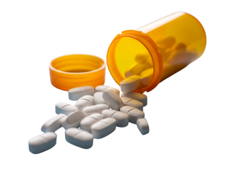 Orange pill bottle spilling white tablets isolated on transparent background