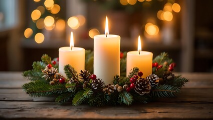Three glowing pillar candles nestled within a festive evergreen wreath adorned with pinecones and berries set against a bokeh background of warm festive lights