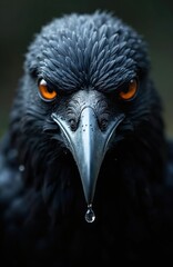 Obraz premium Close up photo of a black crow. Bird has striking orange eyes. Water drop falls from the beak against dark blurred background. Crow portrait showcases wild nature beauty.