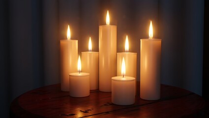 A collection of tall slender white pillar candles glowing with warm flickering flames creating a serene and inviting ambiance in a dimly lit room