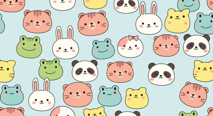 Flat vector seamless pattern of kawaii animal faces including cat, bunny, bear, and panda. Solid pastel tones, round shapes, no gradients, perfect for textile and kids wallpaper