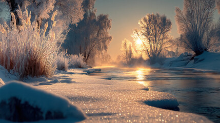 Winter landscape with frozen river and sunlit trees at dawn