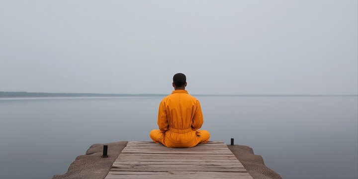 African male in orange jumpsuit meditating on a serene lakeside dock