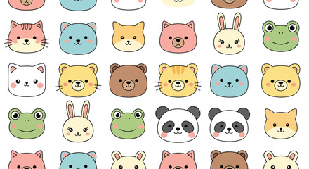 Flat vector seamless pattern of kawaii animal faces including cat, bunny, bear, and panda. Solid pastel tones, round shapes, no gradients, perfect for textile and kids wallpaper
