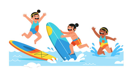 Joyful Kids Enjoying Surfing and Playing in the Water at a Sunny Beach Day