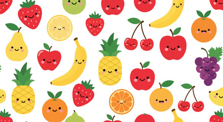 Flat vector seamless pattern of cute smiling fruits including strawberry, apple, and cherry. Solid pastel colors, kawaii style, no gradients, perfect for wrapping and apparel design