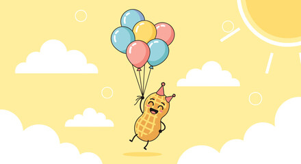 Joyful Peanut Celebrating With Balloons, Soaring High on a Sunny, Cheerful Day