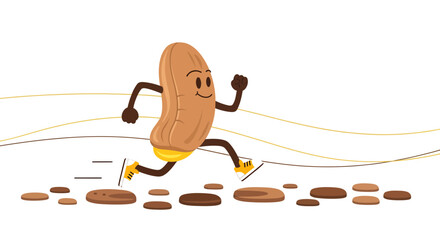 Joyful Peanut Character Actively Running Across Stepping Stones in a Playful Illustration