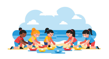 Joyful Kids Launching Paper Boats at the Beach Under a Bright and Playful Sky