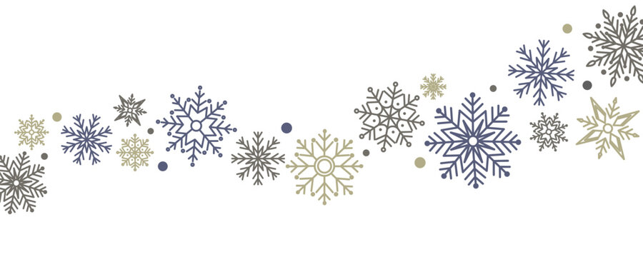 Gold, blue and brown snowflakes border on white background. Winter snowflakes in horizontal garland. Festive Christmas and New Year decoration.