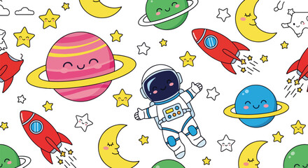 Flat vector seamless pattern of cute planets, stars, rockets, and moons with happy faces. Solid pastel tones, no gradients, kawaii cosmic style, perfect for prints and wallpapers