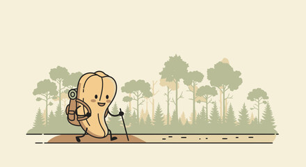 Joyful Peanut Character Hiking Through Forest For Health And Adventure
