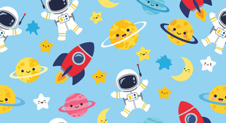 Flat vector seamless pattern of cute planets, stars, rockets, and moons with happy faces. Solid pastel tones, no gradients, kawaii cosmic style, perfect for prints and wallpapers