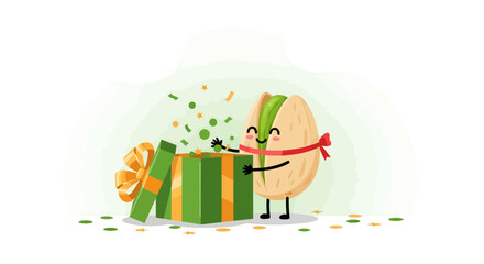 Fototapeta premium Joyful Pistachio Character Unveiling a Gift Box With Festive Confetti and Cheerful Expression
