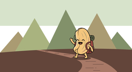 Joyful Peanut Character Hiking Through Mountains on a Beautiful Sunny Journey