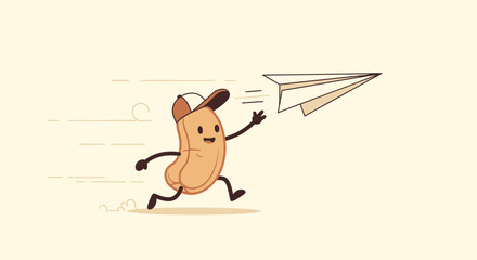 Joyful Peanut Character Launches Paper Airplane into the Air with Enthusiasm and Happiness