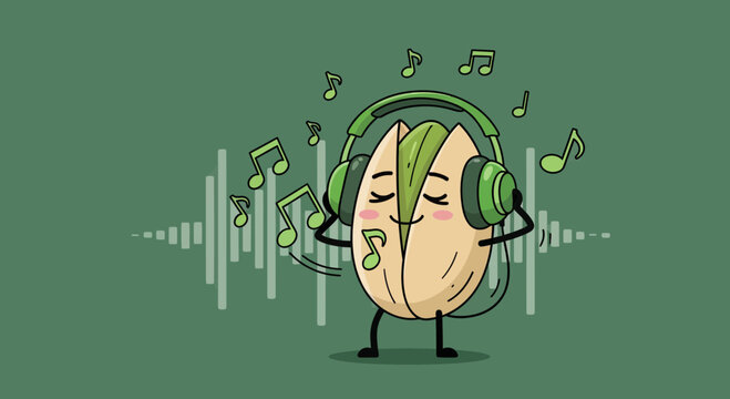 Joyful Pistachio Listening To Tunes With Musical Notes and Matching Headphones