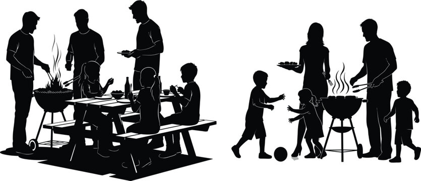 Silhouette of families having a barbecue picnic with children playing family - Powered by Adobe