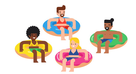 Joyful People Floating On Donut-Shaped Rings Enjoying Summer Vacation Together