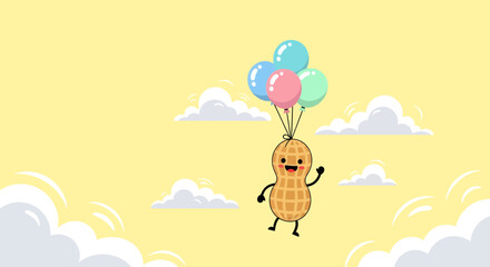 Joyful Peanut Character Soaring High in a Sky with Colorful Balloons and Wonderful Clouds