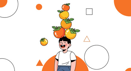 Joyful Person Balancing Persimmons Depicting A Creative And Wholesome Scene