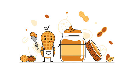 Joyful Peanut Character With A Jar of Creamy Butter Deliciousness For Snacking And Enjoying