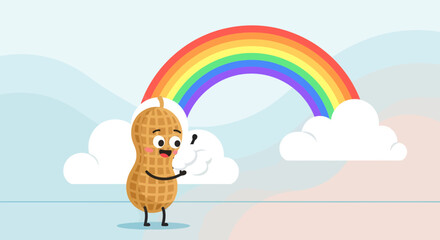 Joyful Peanut Character Witnessing a Vivid Rainbow Above Fluffy Clouds in a Cartoon Illustration