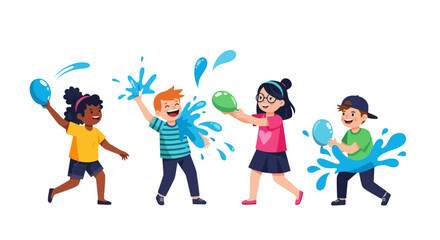 Fototapeta premium Joyful Illustration Capturing Children's Water Balloon Fight Activities and Summertime Fun