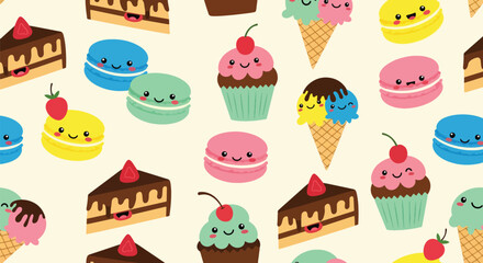 Flat vector seamless pattern of cute desserts including cupcakes, macarons, and cakes. Solid pastel palette, no gradients, kawaii bakery style, perfect for packaging and textiles