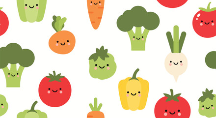 Flat vector seamless pattern of smiling vegetables like carrot, broccoli, and corn. Solid soft tones, no gradients, kawaii organic design, ideal for packaging and food branding