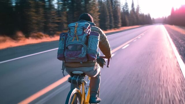 Biker riding on an empty road through a forest during sunset with a large backpack and casual attire