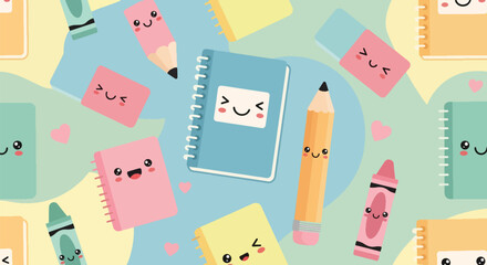 Flat vector seamless pattern of smiling pencils, notebooks, crayons, and erasers. Solid pastel colors, kawaii theme, no gradients, perfect for stationery and children’s branding