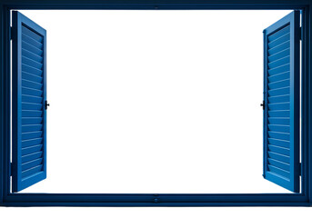 Open blue shutters on a dark window isolated on transparent background