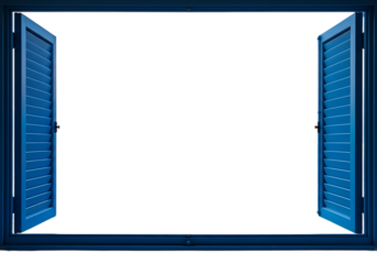 Open blue shutters on a dark window isolated on transparent background