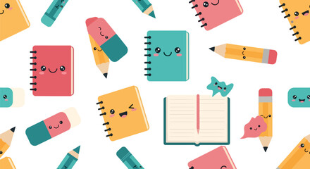Flat vector seamless pattern of smiling pencils, notebooks, crayons, and erasers. Solid pastel colors, kawaii theme, no gradients, perfect for stationery and children’s branding