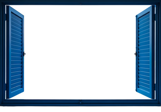 Open blue shutters on a dark window isolated on transparent background